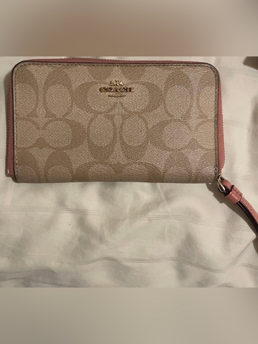 Coach Tan Signature Zip Around Wallet with Gold Logo